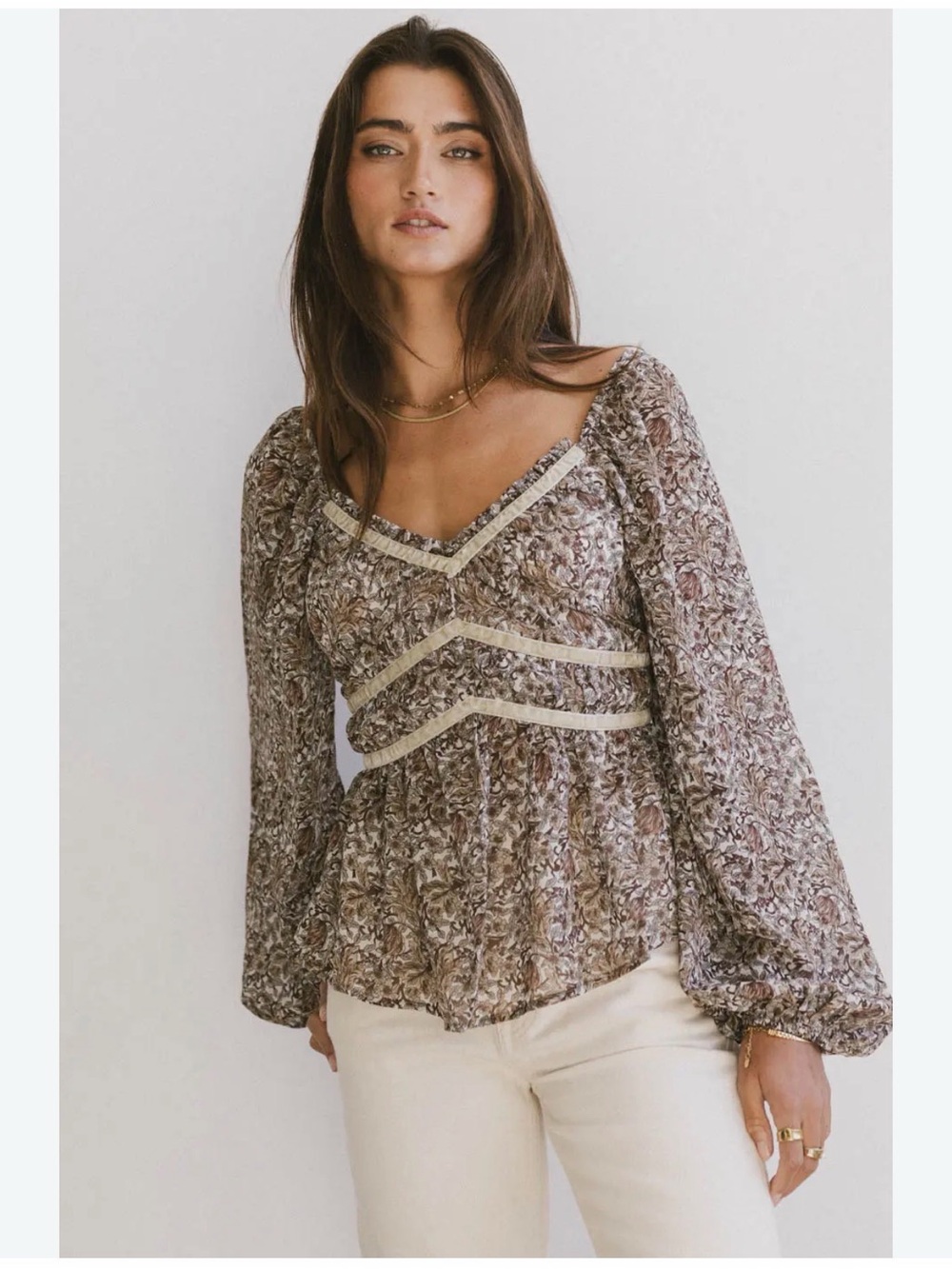 Promesa Bohemian Floral Chiffon Peplum Top - Balloon Long Sleeve Size Small